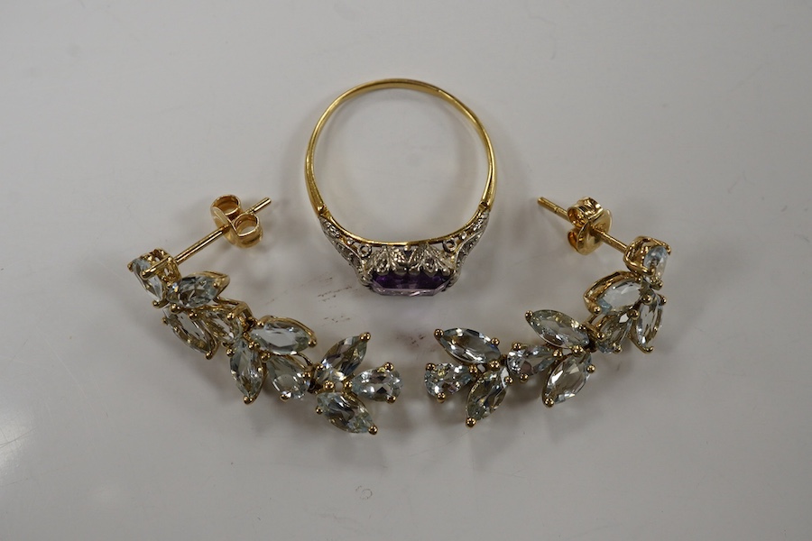 A pair of 9ct and blue stone cluster set drop earrings, 29mm diamond set ring together with a yellow metal and amethyst set ring, with diamond chip set shoulders, gross weight 5.8 grams. Condition - fair to good